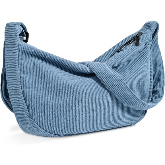 Women Corduroy Blue Imported Polyester Crossbody Lightweight Crescent Sling Bag - Picture 5 of 6
